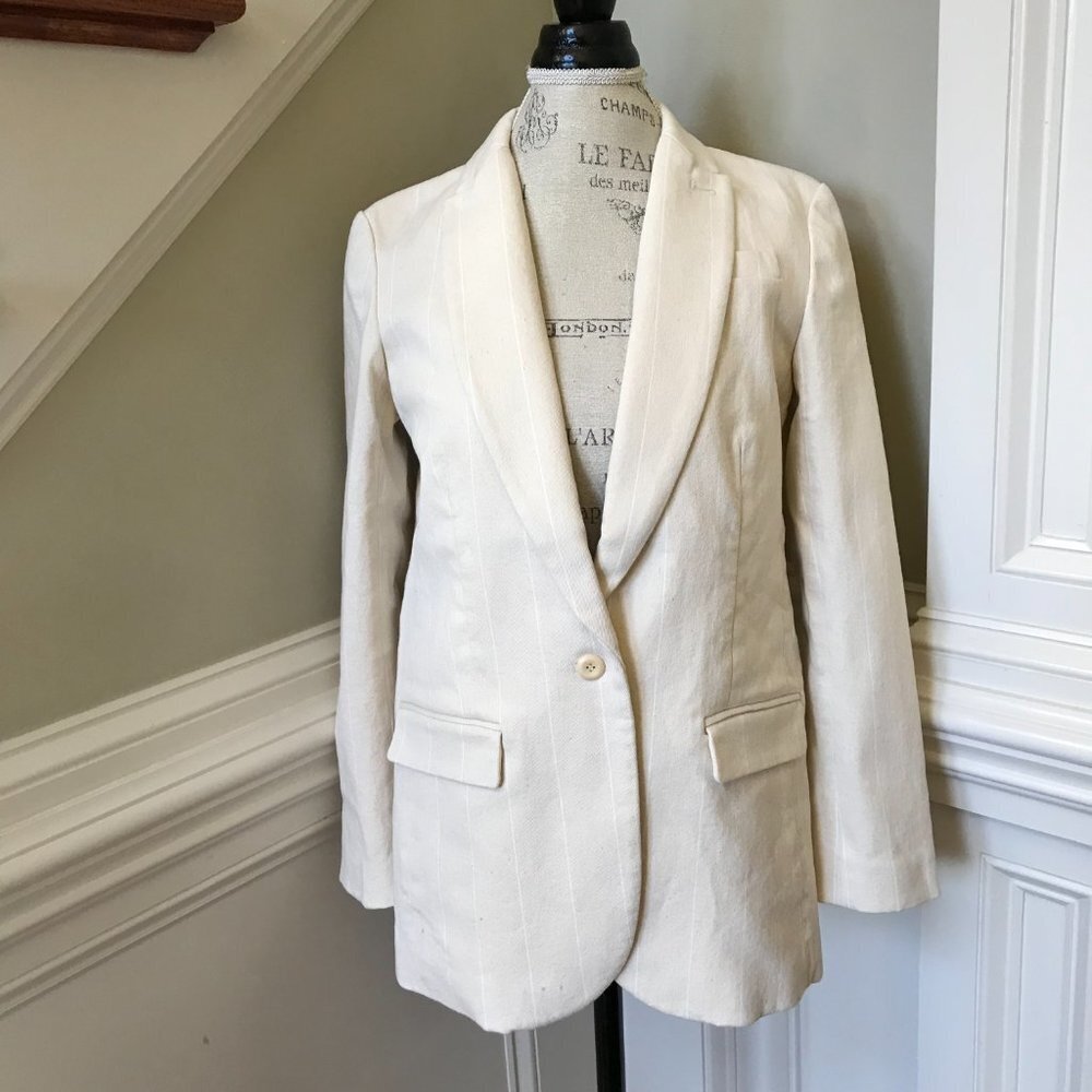 NWT JCrew Alfie Blazer Jacket Womens 4 Tan Natural Denim Stripe Cotton BA437 NEW - Picture 4 of 12